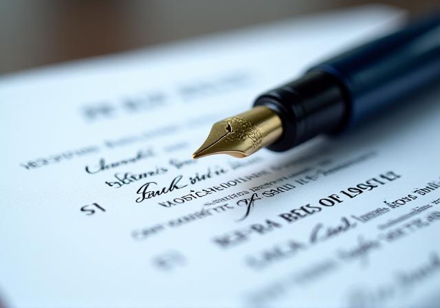 Close up of a fountain pen on a legal contract